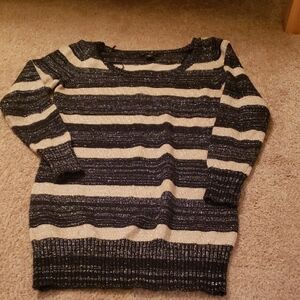 Metaphor S Black Metallic Silver Sparkle Beige Tan Striped Sweater
